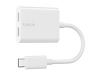 Belkin Connect Audio + Charge - USB-C till USB-C-hörlurar/laddningsadapter - 24 pin USB-C hane till 24 pin USB-C hona - 14 m - vit - USB Power Delivery (60W) F7U081BTWH