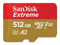 SanDisk Extreme - Flash-minneskort (microSDXC till SD-adapter inkluderad) - 512 GB - A2 / Video Class V30 / UHS-I U3 / Class10 - mikroSDXC UHS-I SDSQXAV-512G-GN6MA