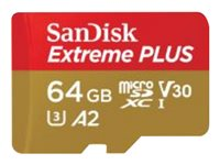 SanDisk Extreme PLUS - Flash-minneskort (microSDXC till SD-adapter inkluderad) - 64 GB - A2 / Video Class V30 / UHS-I U3 / Class10 - mikroSDXC UHS-I SDSQXBU-064G-GN6MA