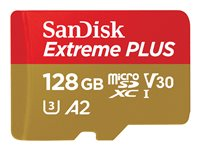 SanDisk Extreme PLUS - Flash-minneskort (microSDXC till SD-adapter inkluderad) - 128 GB - A2 / Video Class V30 / UHS-I U3 / Class10 - mikroSDXC UHS-I SDSQXBD-128G-GN6MA