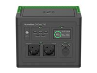 Schneider OffGrid 730 - Bärbar kraftstation - LCD, litiumjon, 2 CEE 7/3 schuko-uttag, sinusvåg, 3 USB-A, 1 USB-C, trådlös laddare - AC 195 - 265 / DC 12 -30 V - 700 Watt - litiumjon - 738 Wh - utgångskontakter: 2 - svart, grön PPS730-GR