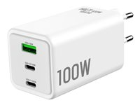 GRATEQ HALTI - Strömadapter - GaN - 100 Watt - 1.5 A - PD/PPS, SFC 3.0, Fast Charge - 3 utdatakontakter (2 x USB-C, USB typ A) - vit 83100SF