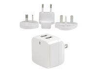 StarTech.com USB-väggladdare med två portar - internationell resa - 17 W/3,4 A - vit - Strömadapter - 17 Watt - 3.4 A - 2 utdatakontakter (USB) - vit - för P/N: USBLT1MWS, USBLT2MBR, USBLT2MW, USBLT30CMW, USBLTM1MBK, USBLTM1MWH, VID2VGATV3 USB2PACWH