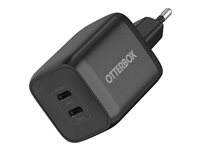 OtterBox Standard - Strömadapter - 65 Watt - 3 A - Fast Charge, PD/PPS - 2 utdatakontakter (24 pin USB-C) - svart - Europa (undantaget Storbritannien) 78-81342