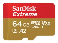 SanDisk Extreme - Flash-minneskort (microSDXC till SD-adapter inkluderad) - 64 GB - A2 / Video Class V30 / UHS-I U3 / Class10 - mikroSDXC UHS-I SDSQXAH-064G-GN6AA
