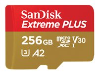 SanDisk Extreme PLUS - Flash-minneskort (microSDXC till SD-adapter inkluderad) - 256 GB - A2 / Video Class V30 / UHS-I U3 / Class10 - mikroSDXC UHS-I SDSQXBD-256G-GN6MA
