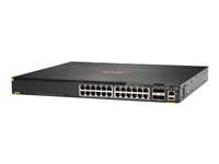HPE Aruba 6300M - Switch - L3 - Administrerad - 24 x 10/100/1000 (PoE+) + 4 x 1 Gb/10 Gb/25 Gb/50 Gb SFP56 (upplänk/stapling) - framsidan och sida till baksidan - rackmonterbar - PoE+ (720 W) JL662A